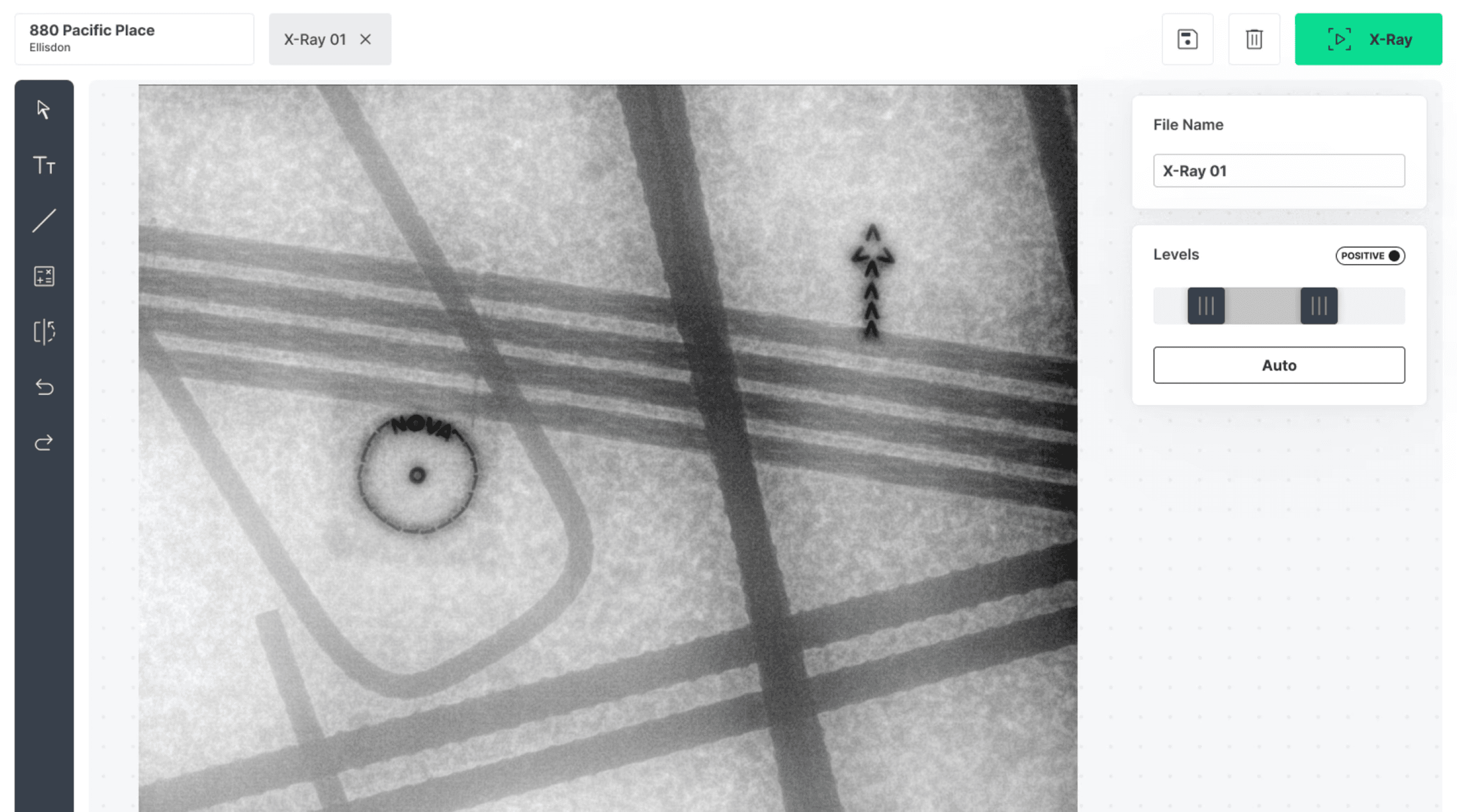 Captured x-ray image of rebar and post-tension cables in Radii-x software